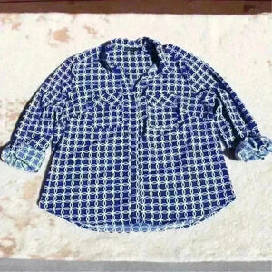 ADRIENNE VITTADINI Patterned Roll Tab Sleeve Silky Button Up Blouse Top Women XL